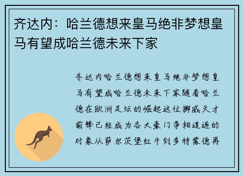 齐达内：哈兰德想来皇马绝非梦想皇马有望成哈兰德未来下家