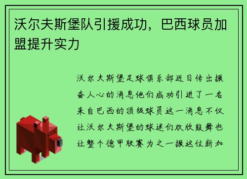 沃尔夫斯堡队引援成功，巴西球员加盟提升实力